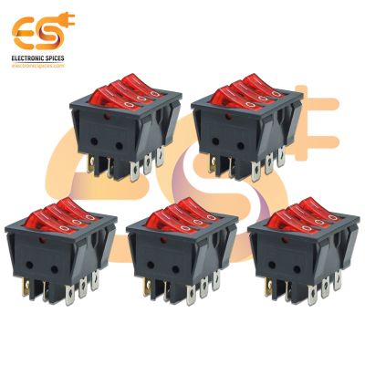 KCD3 16A/30A 250V 9 Pin 3-Way SPST Plastic Rocker Switch with Red Indicator Pack of 5